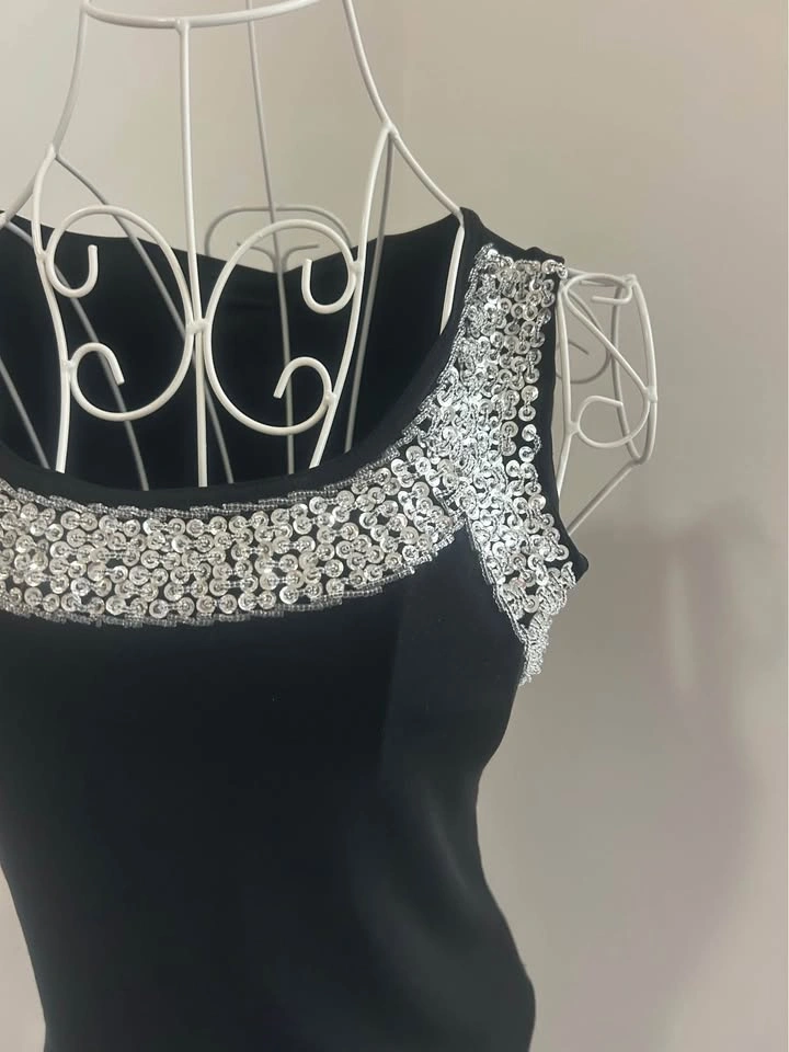 Black Sequin Embellished Tank Top Silver Beaded Scoop Neck - photo 3