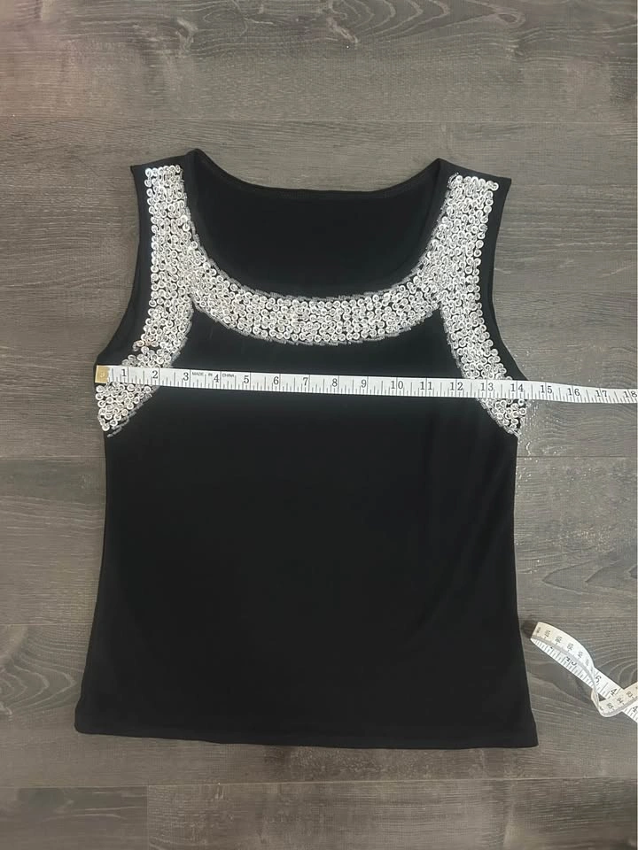 Black Sequin Embellished Tank Top Silver Beaded Scoop Neck - photo 4