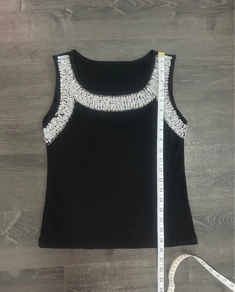 Black Sequin Embellished Tank Top Silver Beaded Scoop Neck - photo 5