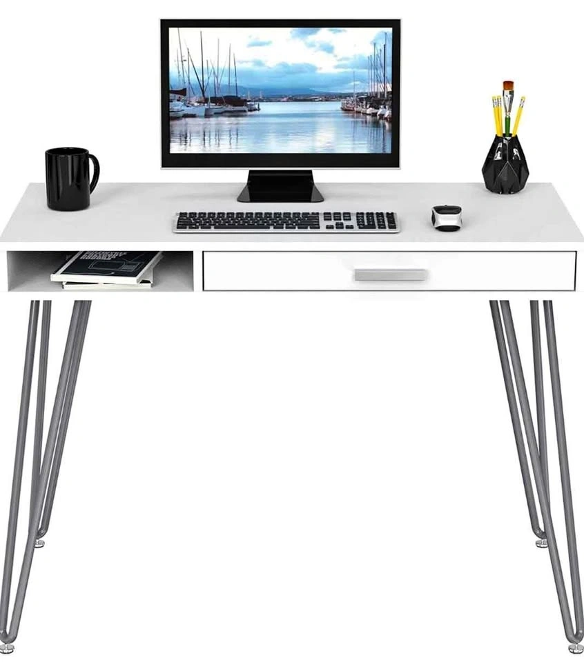 Brand New White Home Office Writing Desk - Hairpin Legs & Drawer
