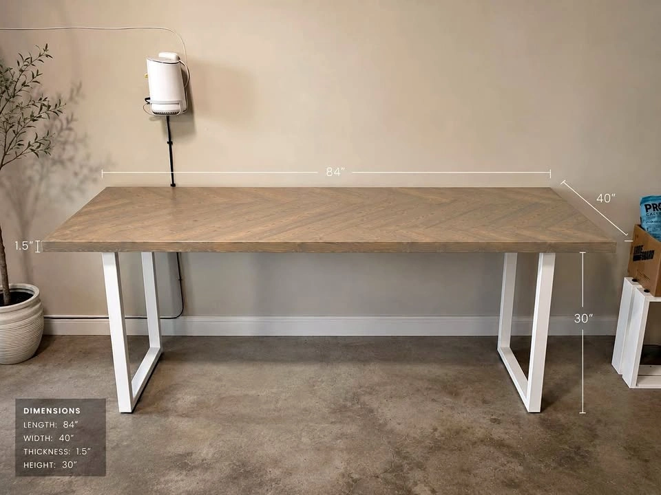 Custom Oak Herringbone Dining Table + White Metal U-Legs