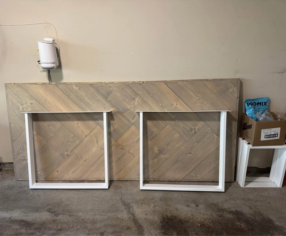 Custom Oak Herringbone Dining Table + White Metal U-Legs - photo 2