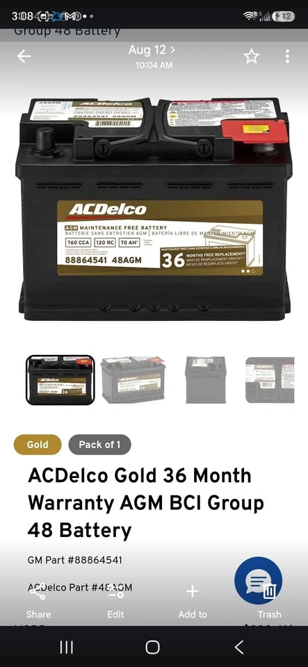 NEW ACDelco Gold AGM Battery Group 48/H6 — 760 CCA — $200
