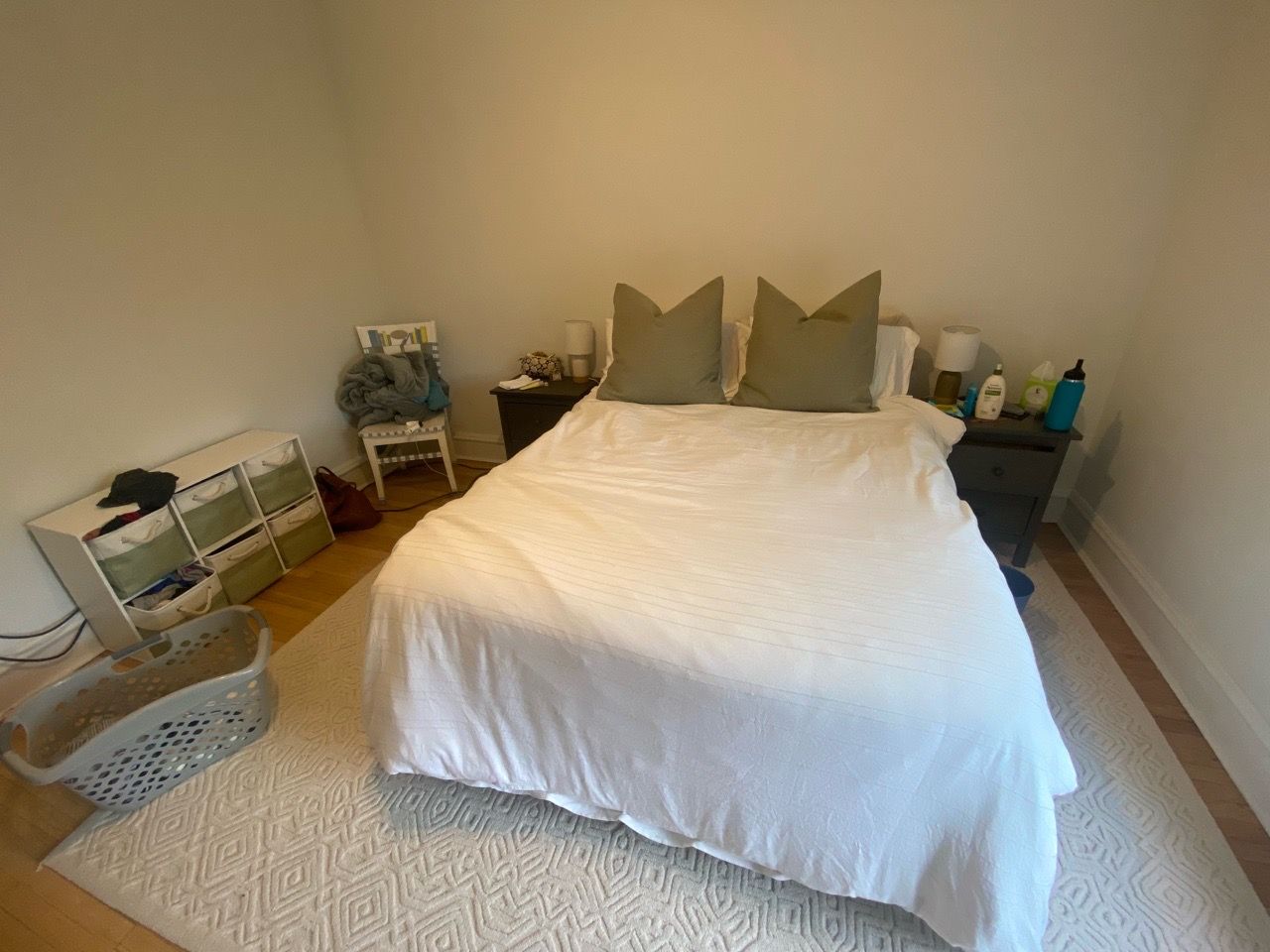 Queen bed: mattress, box spring, frame, and headboard
