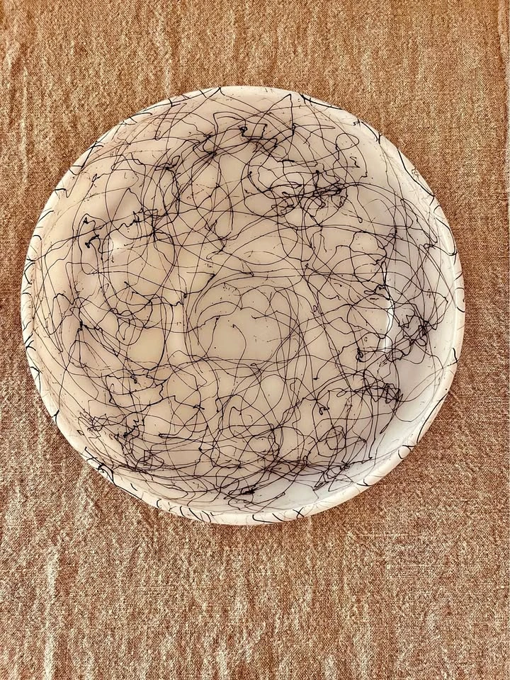 Hazel Atlas Black Drizzle Spaghetti String Milk Glass Bowl