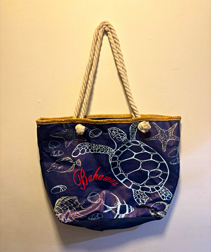 Navy Tote Bag w/ Beige Rope Double Handles, Embroidered Sea Turt