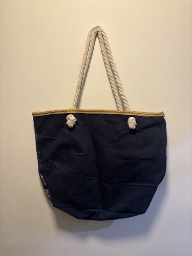 Navy Tote Bag w/ Beige Rope Double Handles, Embroidered Sea Turt - photo 2
