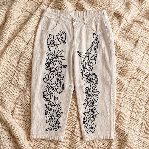 Women's Beige Wide-Leg Cropped Jeans Floral Embroidered Button 5 - photo 3