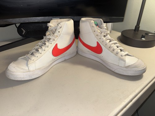 Nike Men’s Leather High Top Lace Up Sneakers White Red Swoosh Co - photo 3