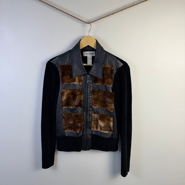 Victoria Harbour Leather Fur Knitting Zip Cardigan S