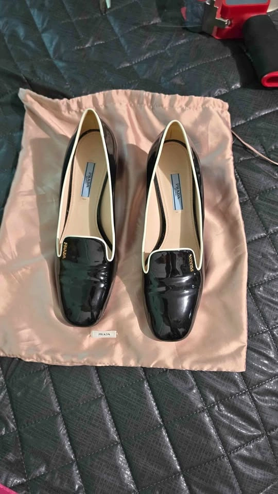 Prada Black Patent Leather Loafers with Cream Trim