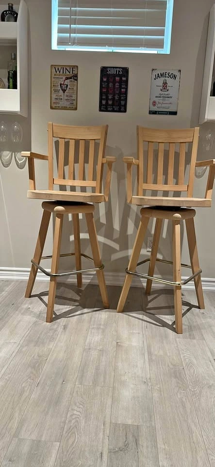 Pair of Light Wood Swivel Bar Stools with Arms