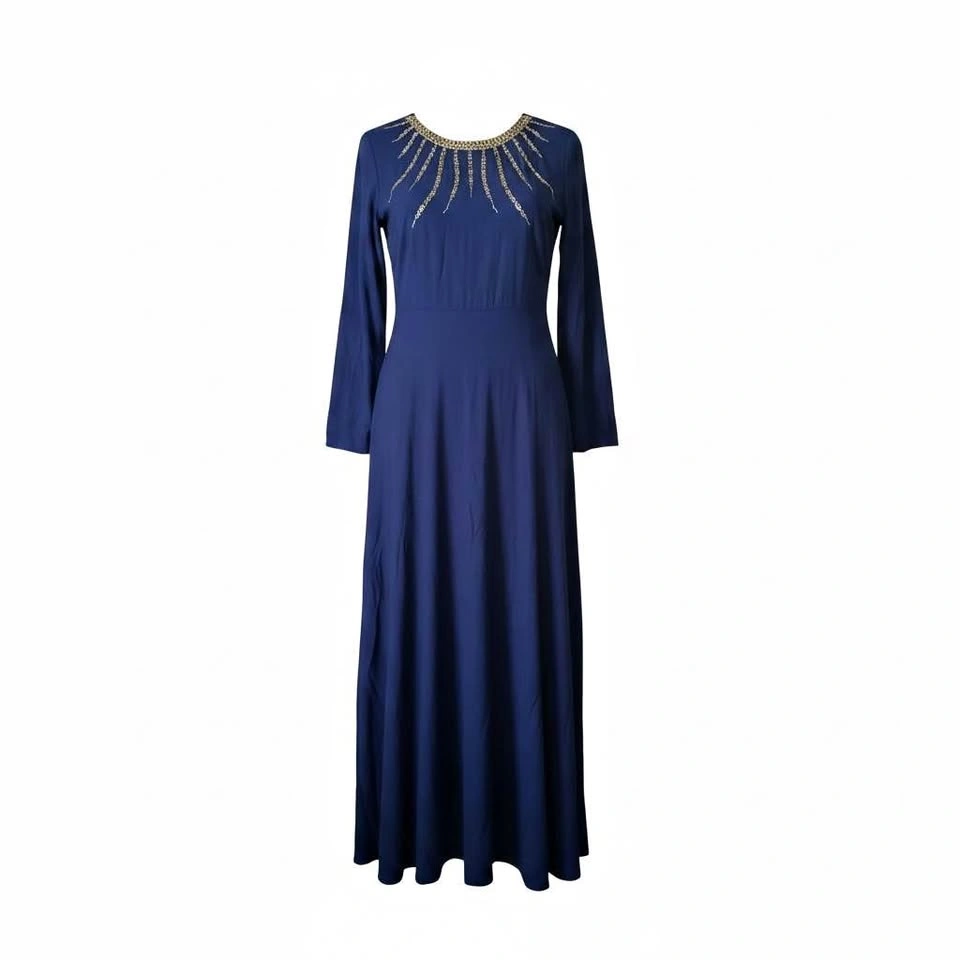 Navy Blue Long Sleeve Maxi Dress with Beaded Neckline