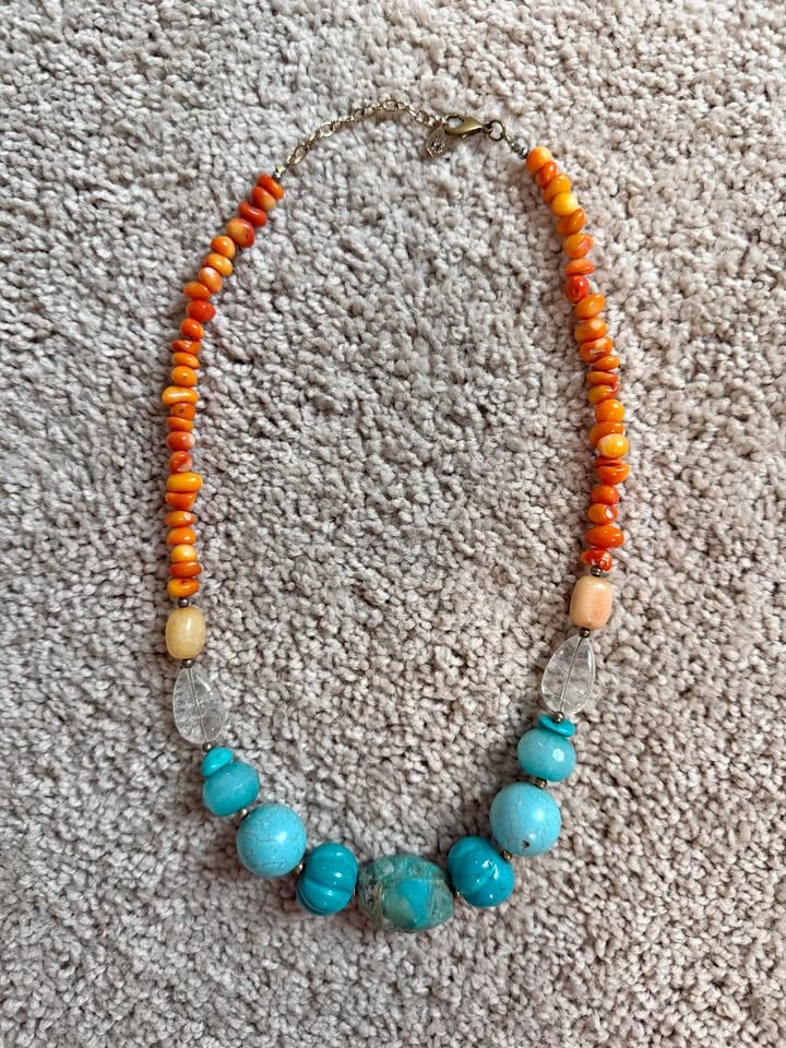 Barse Multi Stone Beaded Necklace Blue Orange Howlite Quartz