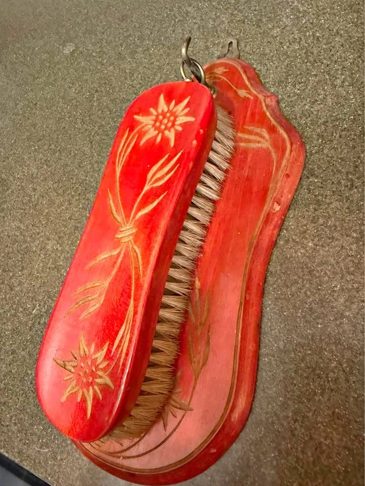 Vintage Wooden Shoe Brush With Wall Holder Norwegian Handmade