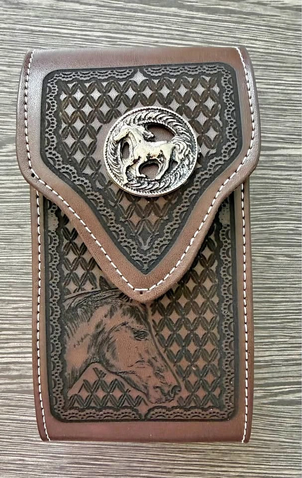 Men's Phone Case Embroidery Genuine Cow Leather Horse Design