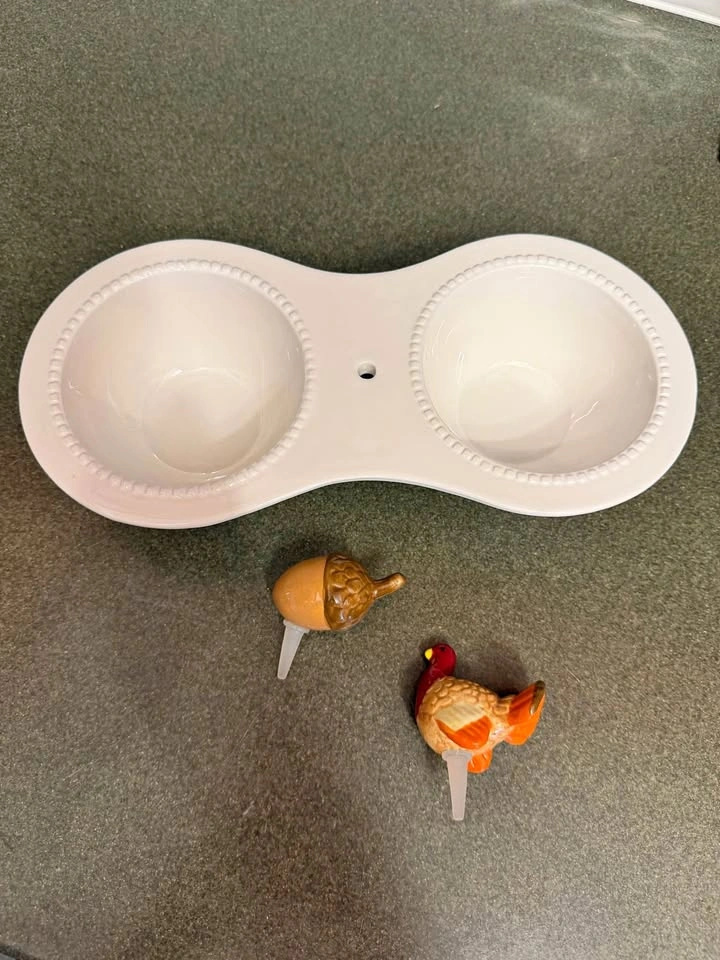 Never Used Cute Dei Double Dip Serving Bowl with Turkey and Acor