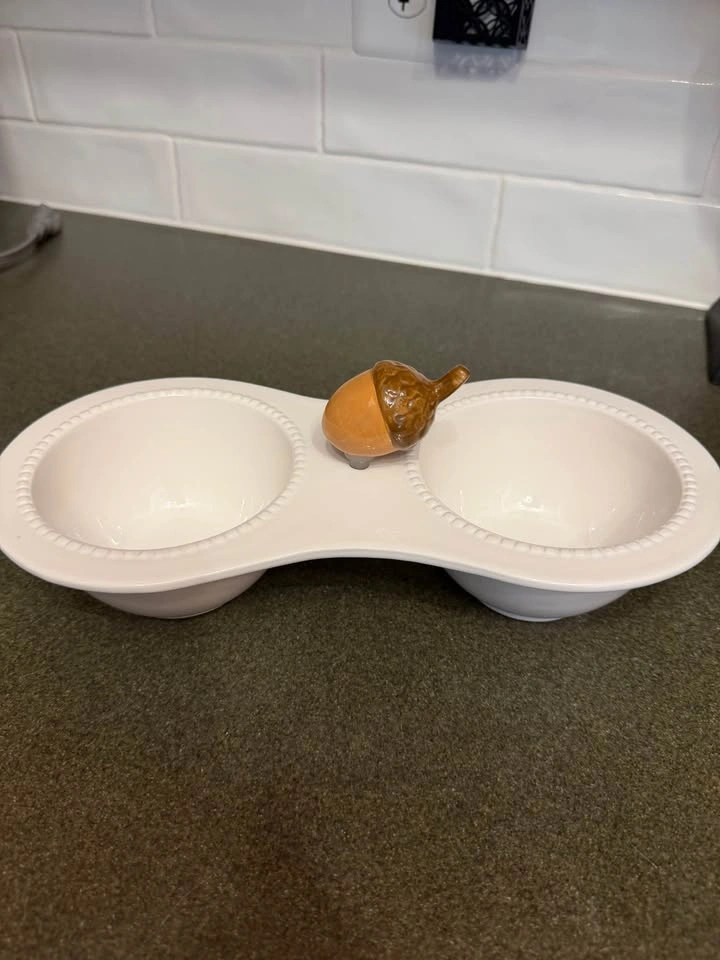 Never Used Cute Dei Double Dip Serving Bowl with Turkey and Acor - photo 2
