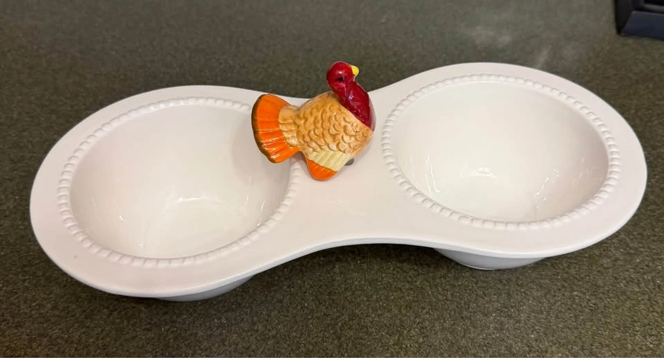 Never Used Cute Dei Double Dip Serving Bowl with Turkey and Acor - photo 3