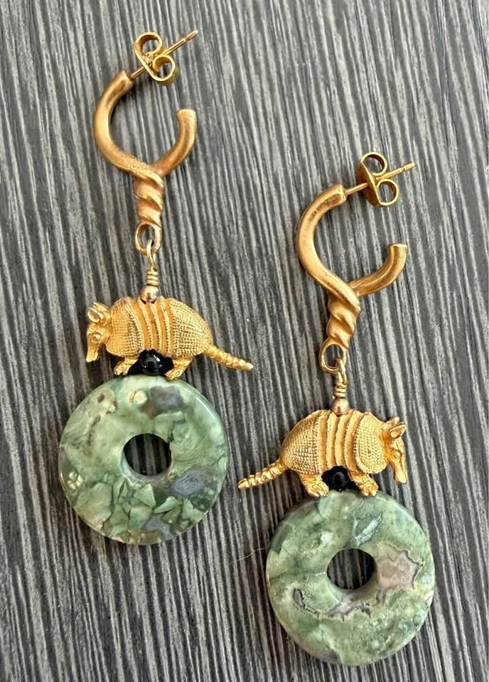 Armadillo and Green Jasper stone Brushed gold Artisan earrings