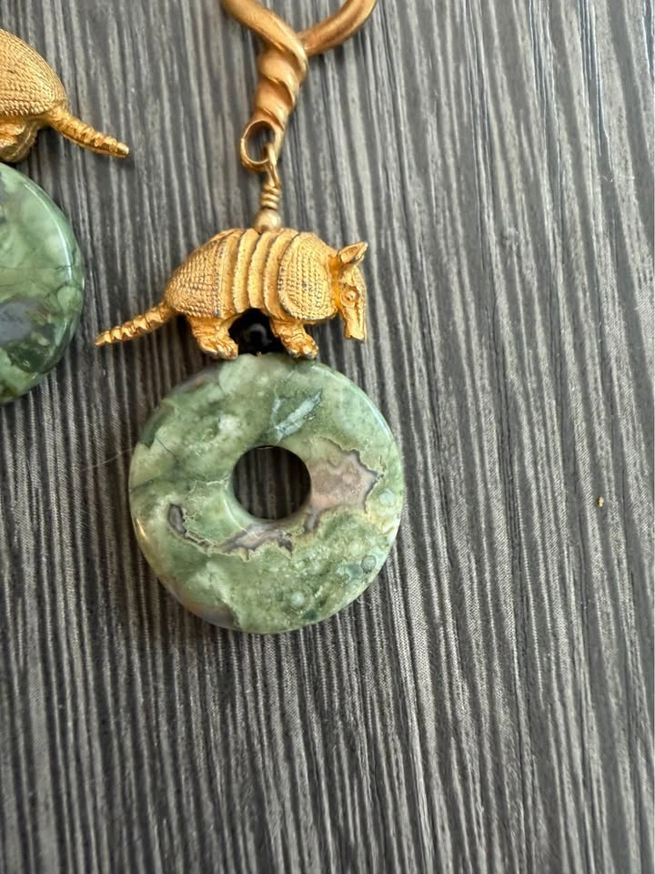 Armadillo and Green Jasper stone Brushed gold Artisan earrings - photo 2