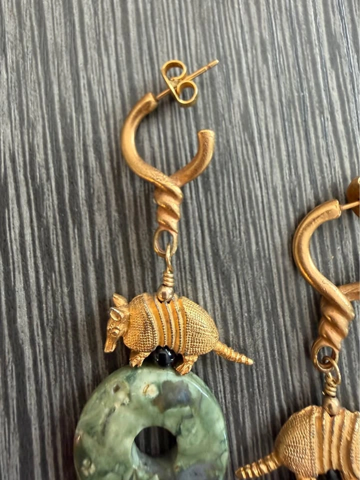Armadillo and Green Jasper stone Brushed gold Artisan earrings - photo 3
