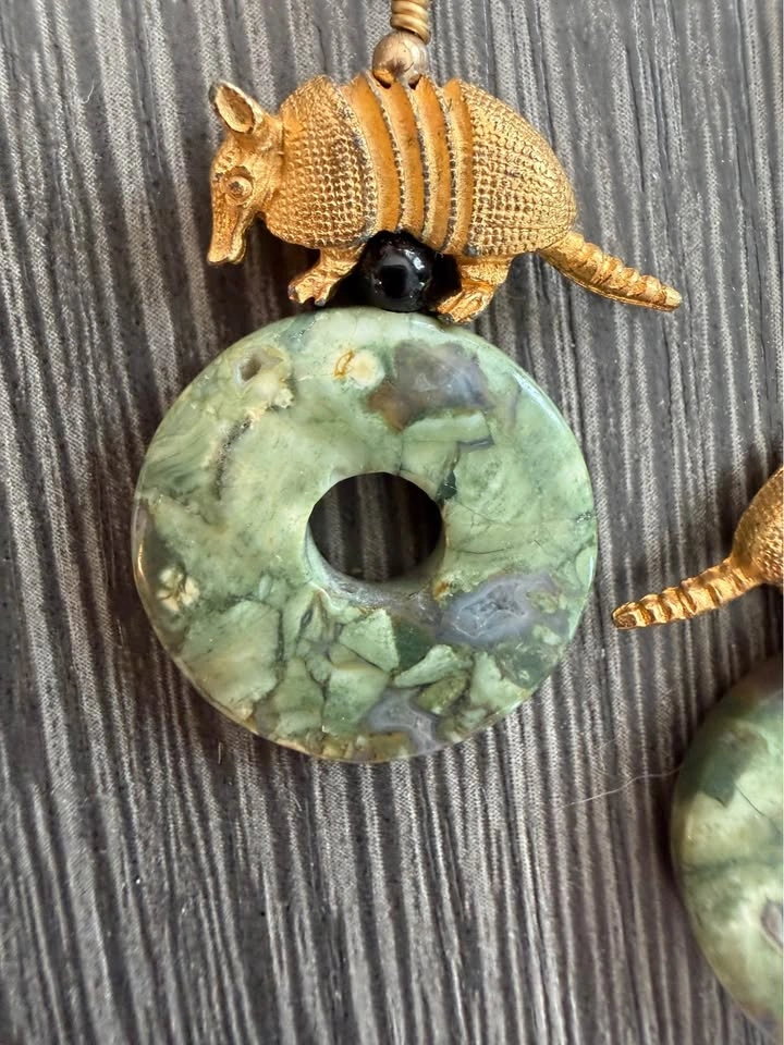 Armadillo and Green Jasper stone Brushed gold Artisan earrings - photo 4