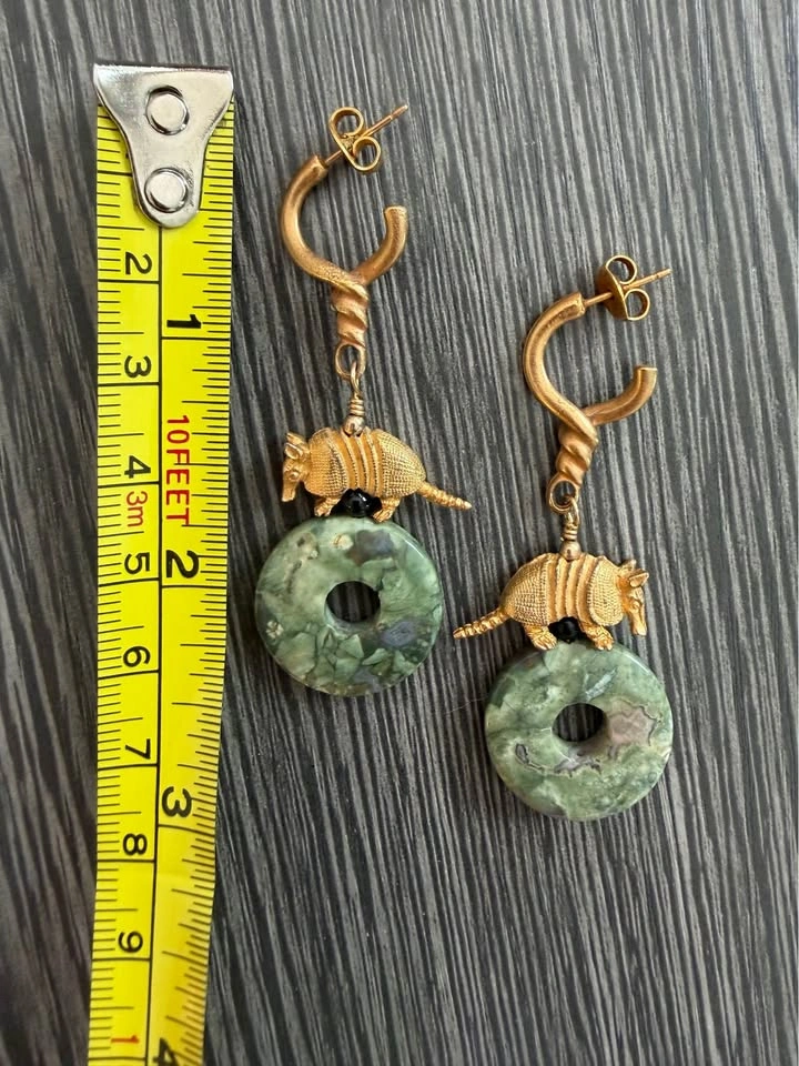 Armadillo and Green Jasper stone Brushed gold Artisan earrings - photo 5