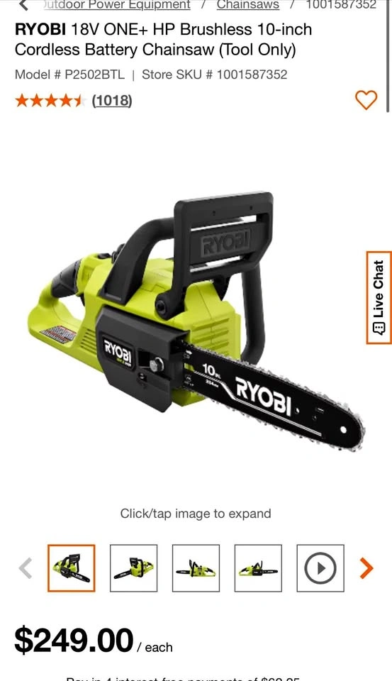 RYOBI 18V ONE+ HP Brushless 10-inch Cordless Battery Chainsaw