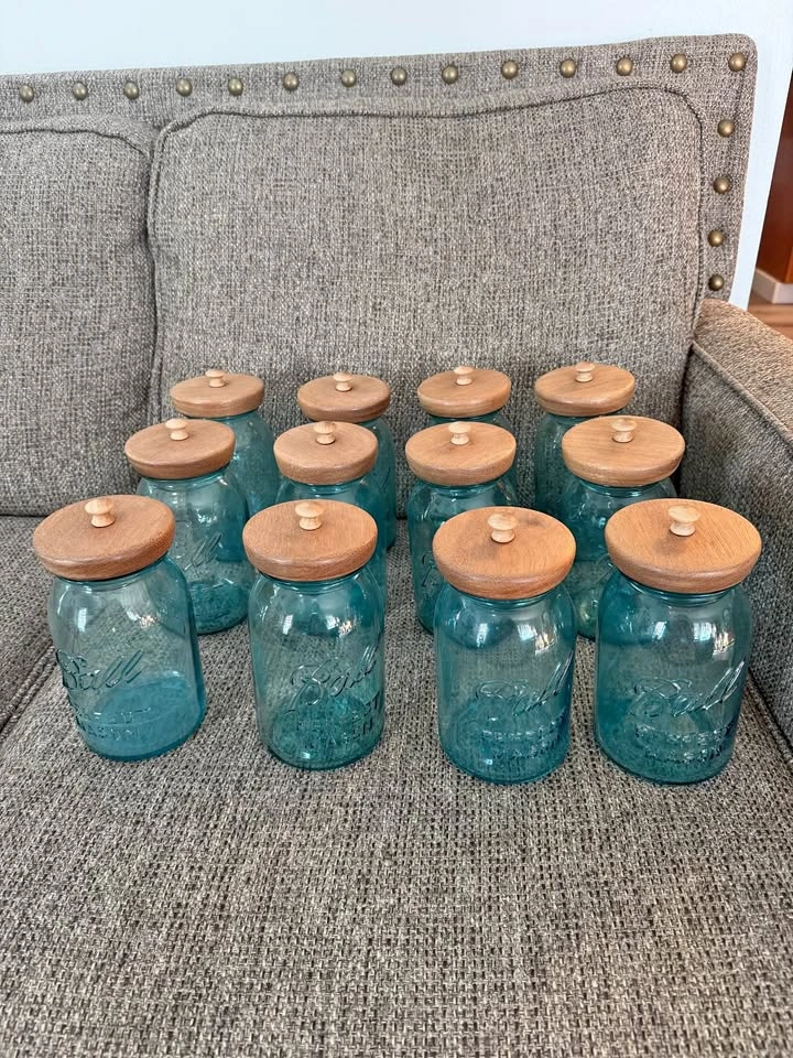 14 Vintage Ball Mason Jar Antique Blue Glass Wood Lids