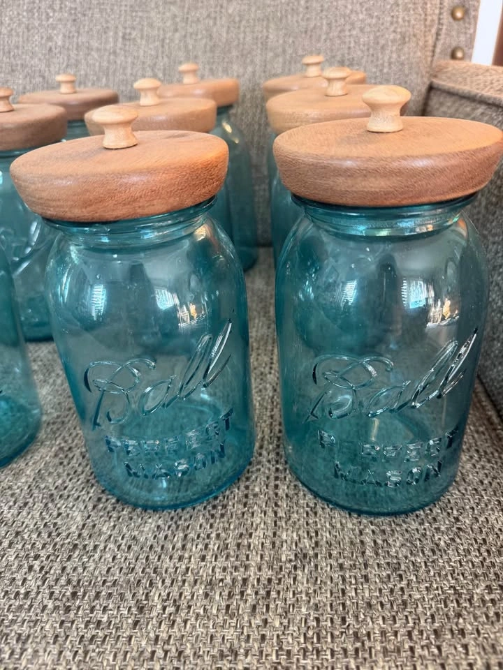 14 Vintage Ball Mason Jar Antique Blue Glass Wood Lids - photo 4