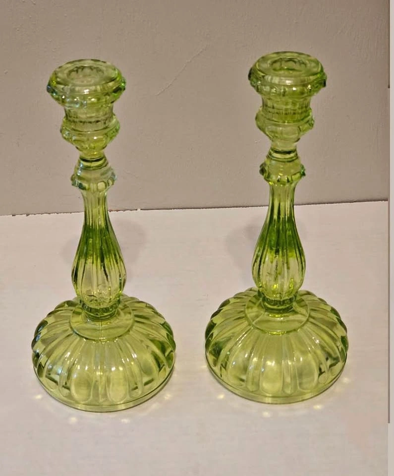 Vintage Van Verre Pair of Lime Green Glass Candlesticks
