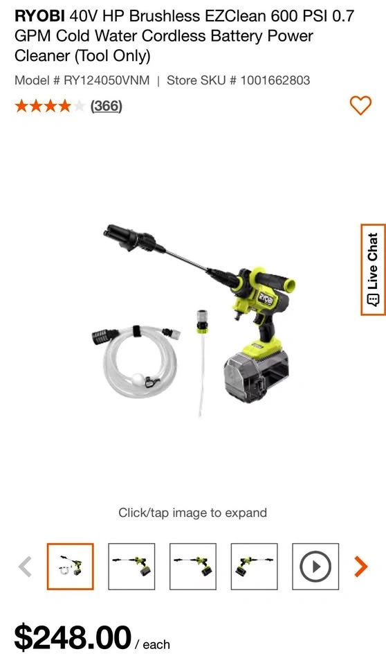 RYOBI 40V 600 PSI Power Cleaner (Tool Only)