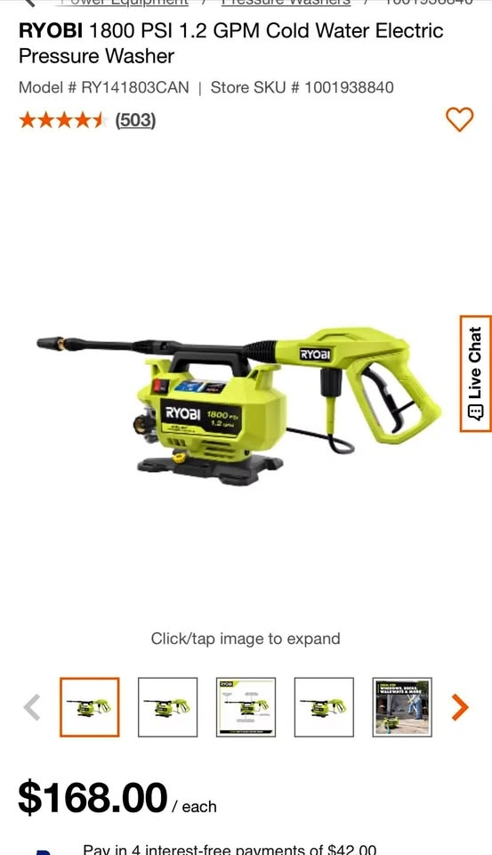 RYOBI 1800 PSI Electric Pressure Washer