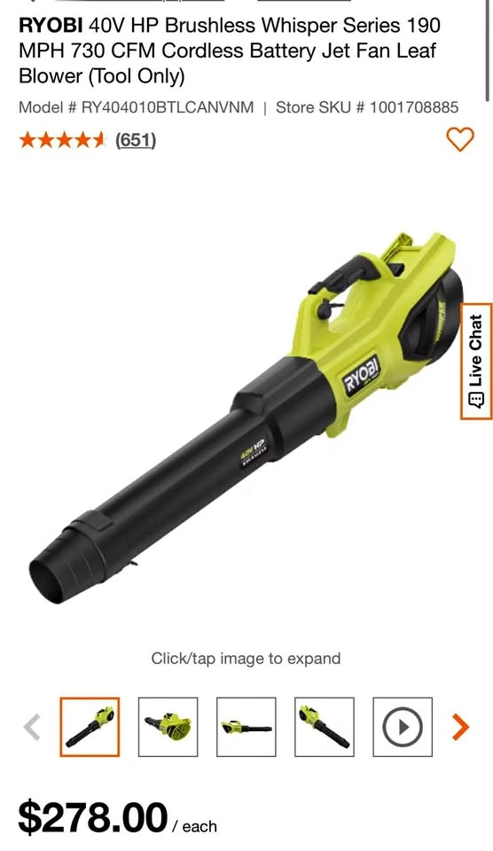 RYOBI 40V 190MPH 730 CFM Cordless Battery Jet Fan Leaf Blower