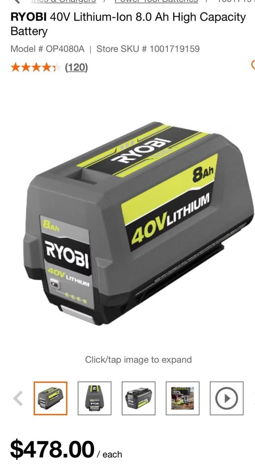 RYOBI 40V Lithium-Ion 8.0 Ah High Capacity Battery - photo 2