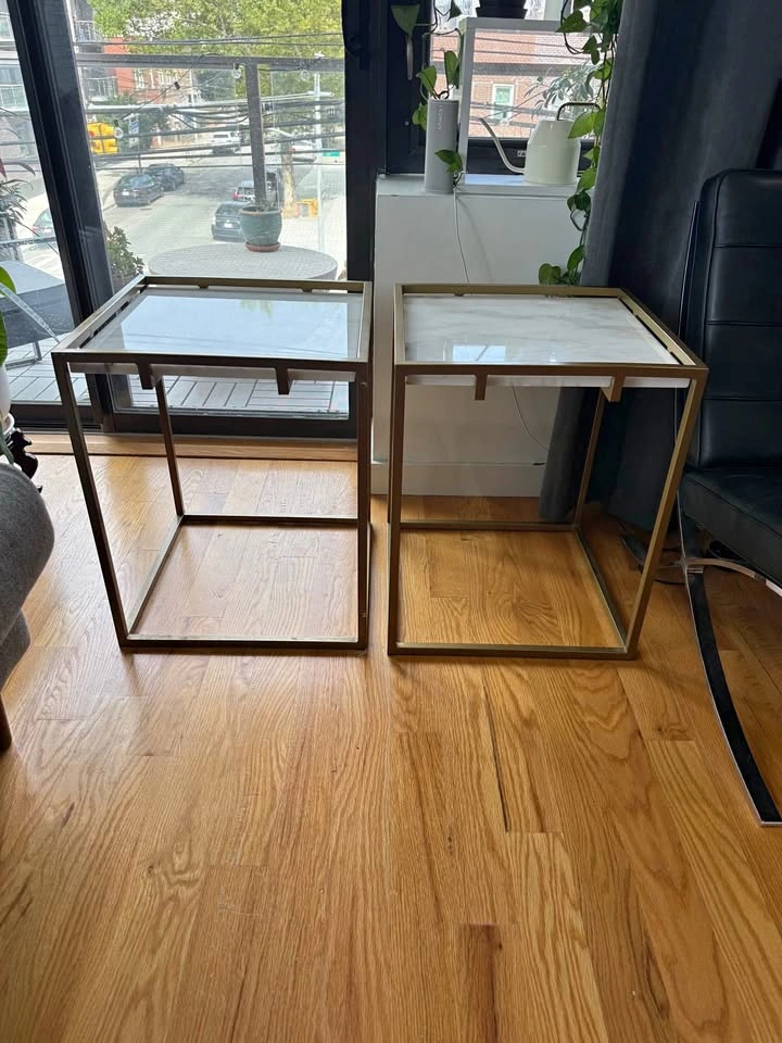 2 gold and marble end tables