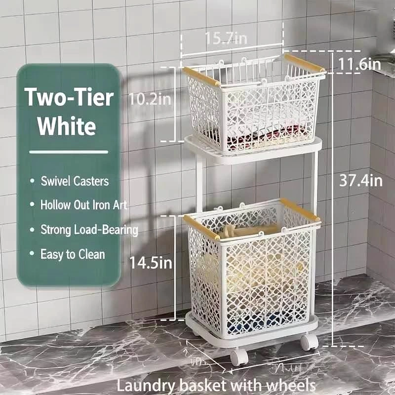Two-Tier White Laundry Basket with Wheels