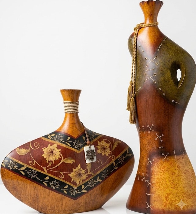 Carved Wooden Art Vases (Set Of 2)