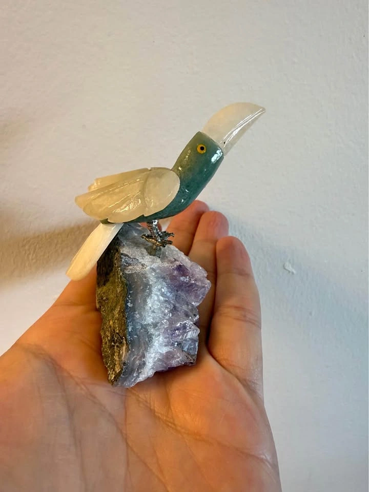 Hand-Carved Stone Bird Figurine on Amethyst Base