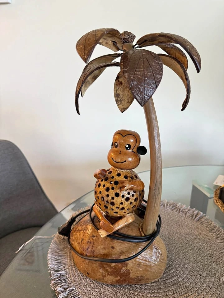 Handcrafted Coconut Shell Monkey Palm Tree Lamp