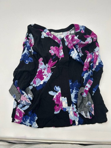 Cleo Petites Women's 6P Black Floral Roll Tab Sleeve Henley