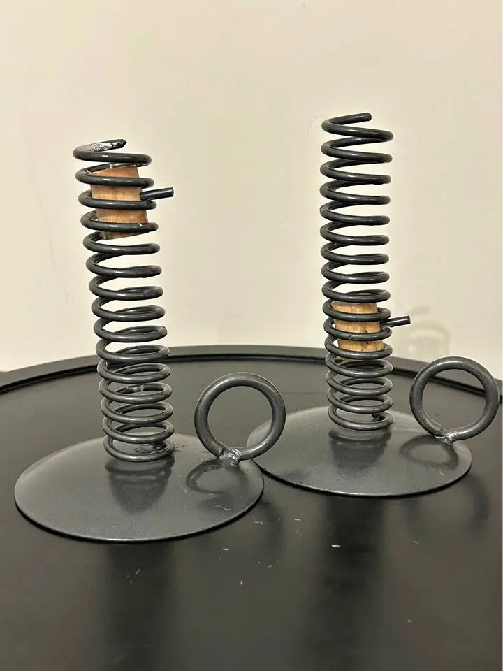 Pair of Primitive Spring Metal Candle Holders thumbnail