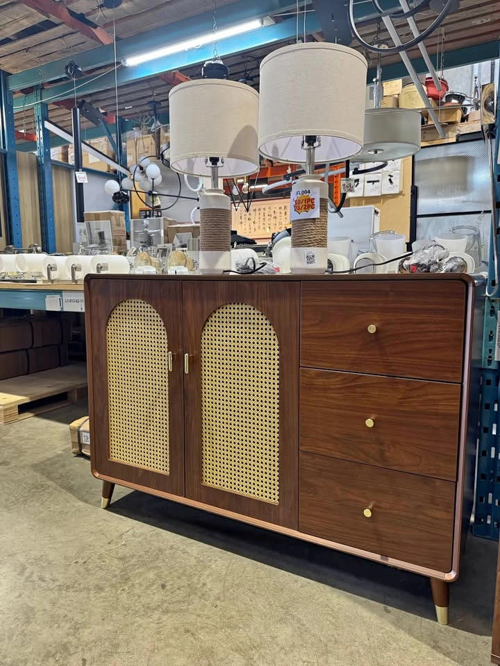 Modern Rattan Storage Cabinet with Drawers & Shelves