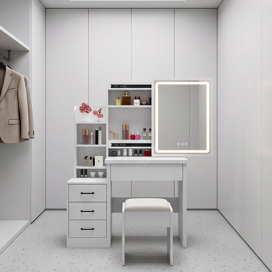 Modern White Vanity Table with Storage - LED & Regular Mirror