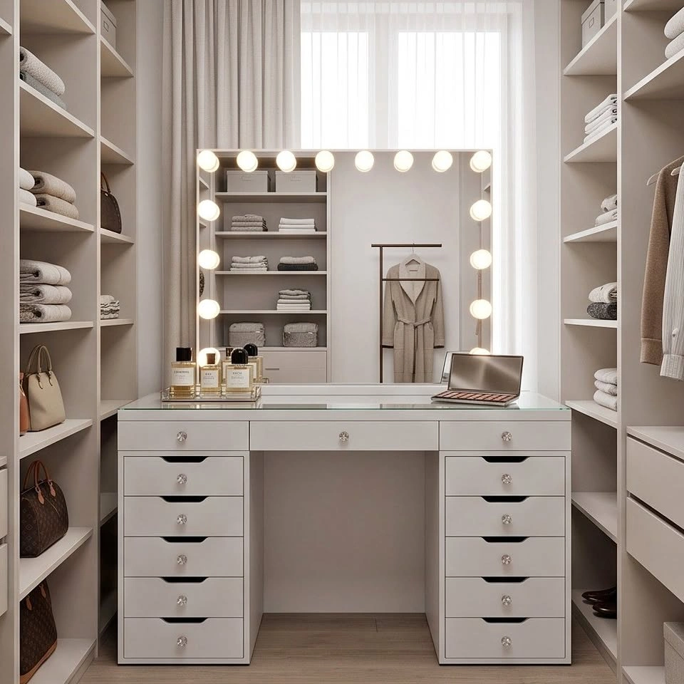 Modern White Makeup Vanity Desk with LED Mirror