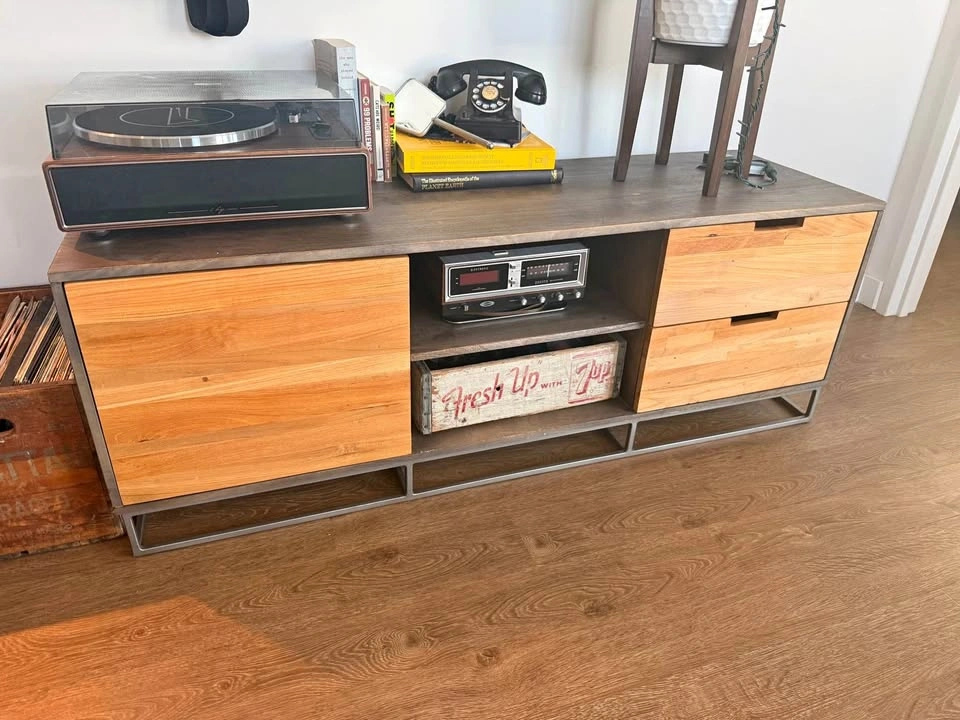 Mid-Century Modern Wood and Metal Media Console