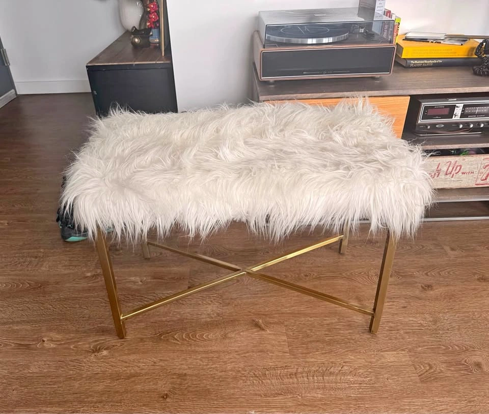 White Faux Fur Bench with Gold Metal Base