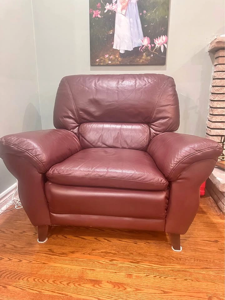 Set of 3 Burgundy / Deep Wine Leather Armchairs / Sofas