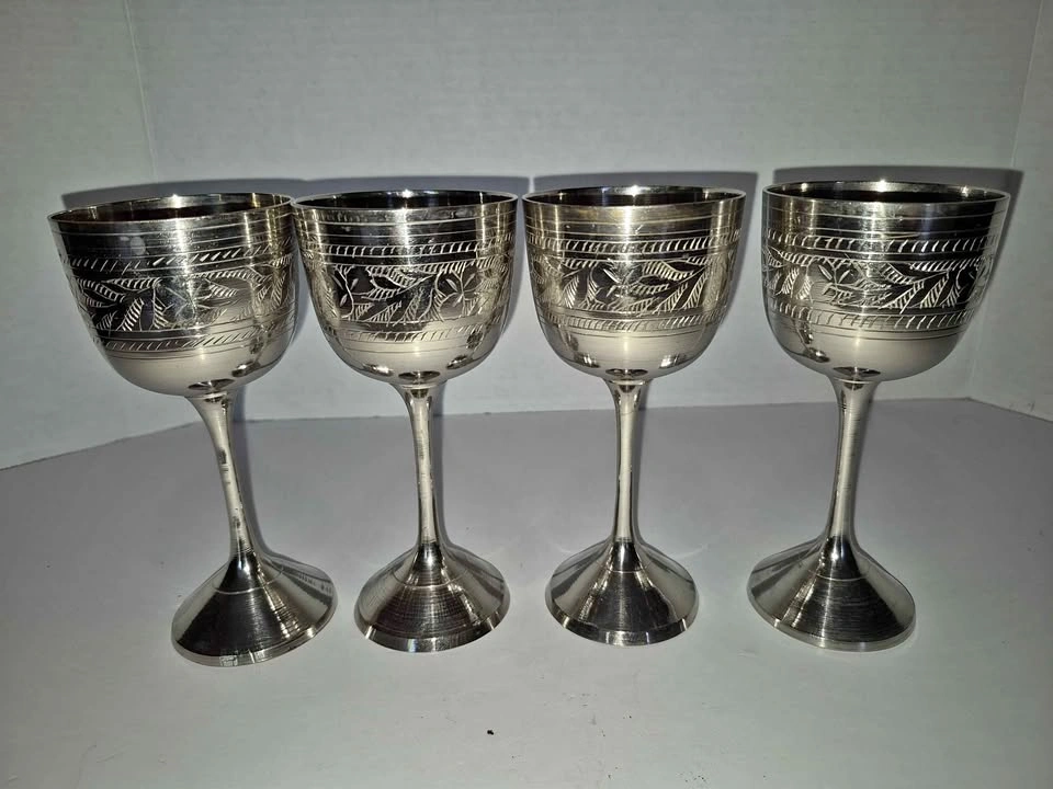 Set of 4 Vintage Silver-Plated Engraved Goblets